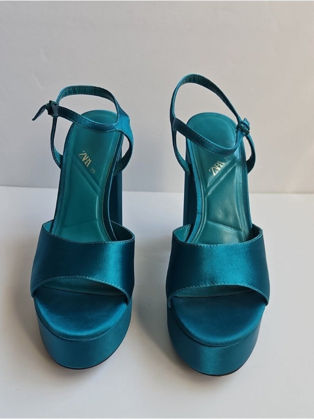Zara Emerald Green Satin Ankle Strap Platform Block Heel Sandals - Picture 4 of 7